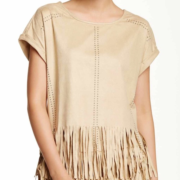 Romeo & Juliet Couture Tops - Romeo & Juliet Faux Suede Tan Fringe Shirt